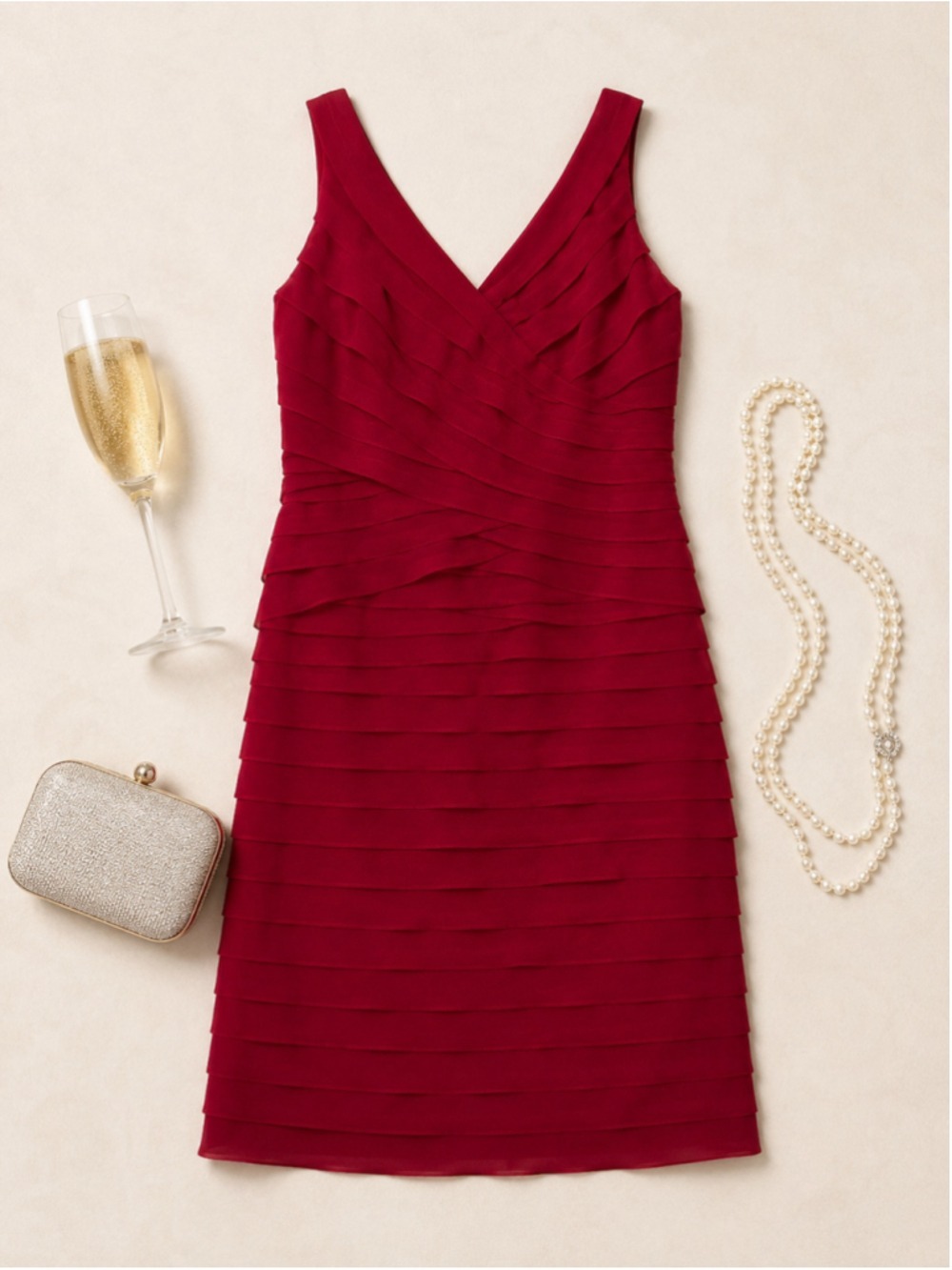 Adrianna Papell Petite Red Tiered Chiffon Cocktail Dress 6P - Picture 3 of 7